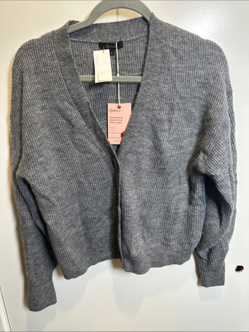 Quince Gray Ribbed V-Neck Cardigan Sweater
